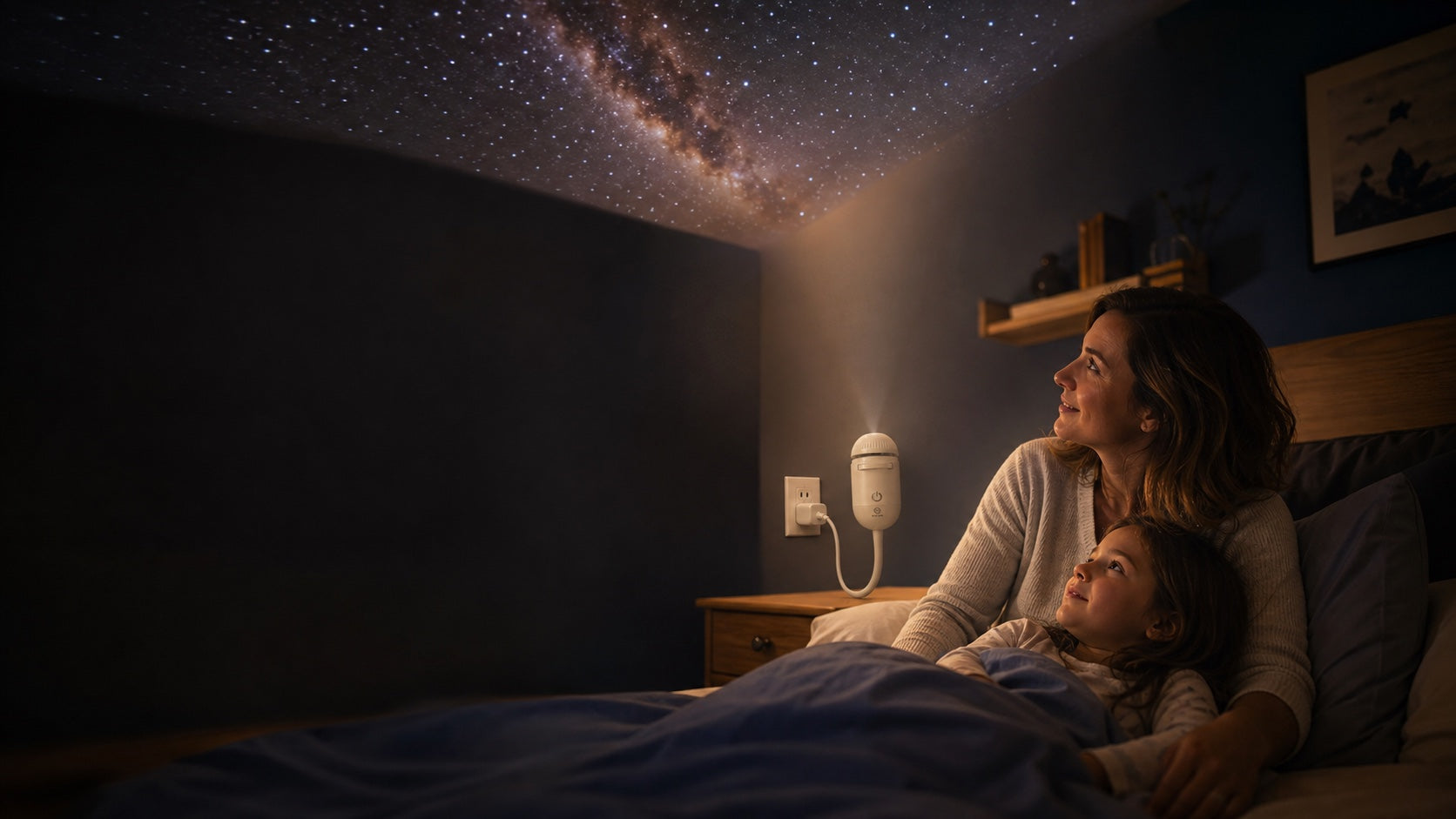 A parent and child sharing a projected galaxy with STELARR connected to a wall power source