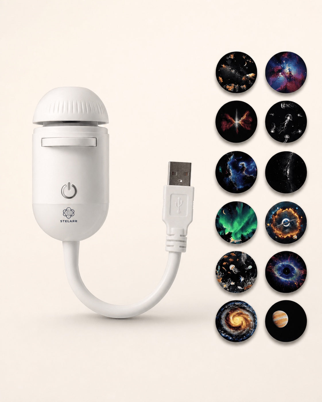 STELARR projector with its integrated USB-A connector and twelve projection slides